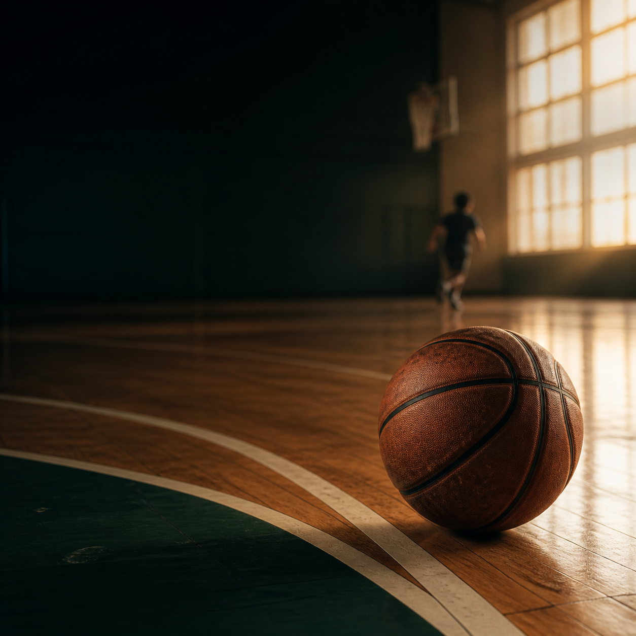 A basketball resting on an indoor court in warm morning light